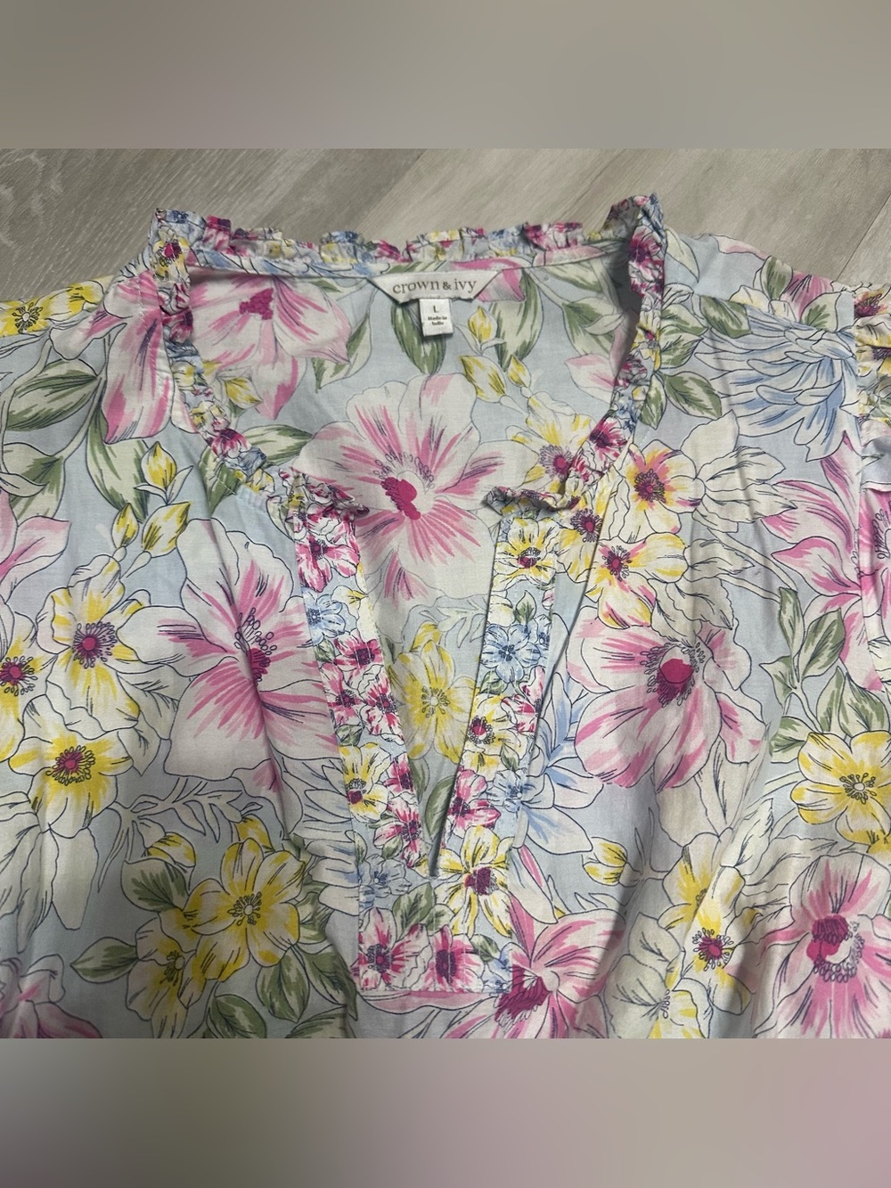Crown & Ivy Pink Blue Yellow Floral Midi Dress Sz L - Picture 6 of 8